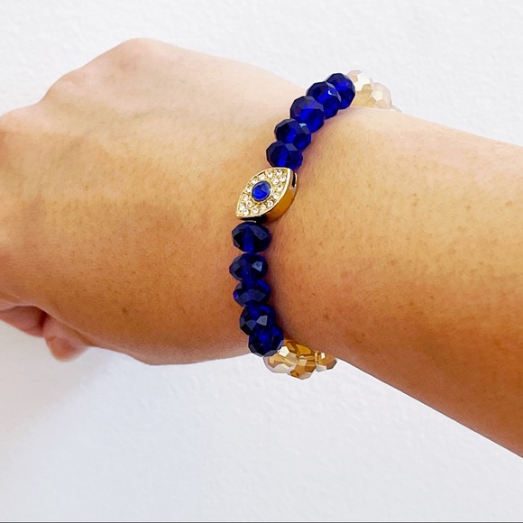 Blue Light Pink Beaded Evil Eye Stretch Bracelet - Picture 1 of 7